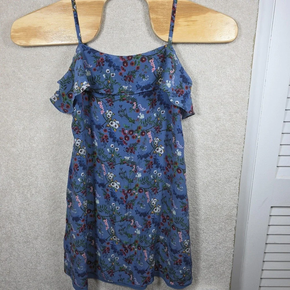 Alice + Olivia Silk Floral Mini‎ Dress Womens Large Blue Ruffle Spaghetti Strap